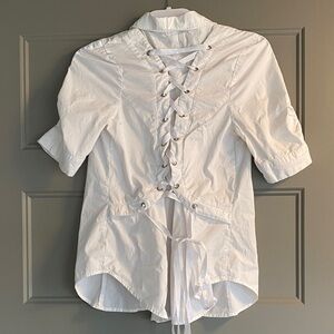 Dots White button up in front and Lace-Up in back Women's Blouse